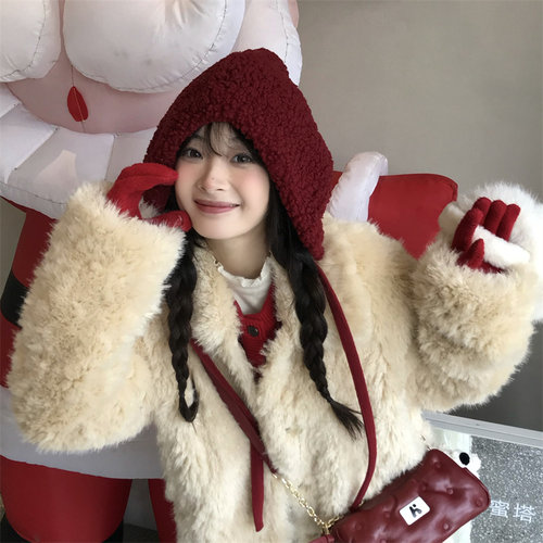 圣诞小女巫小红帽羊羔毛护耳帽子