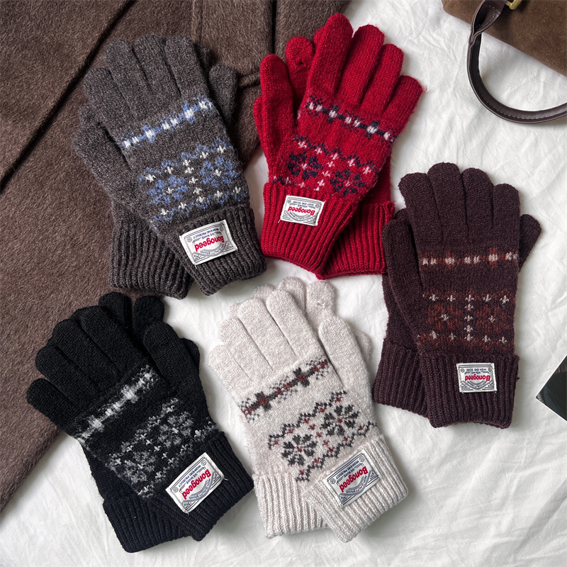 复古提花费尔岛风针织保暖手套女