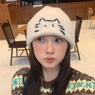 【可爱小猫咪】手工缝制小猫毛线帽子女秋冬保暖护耳显脸小针织帽