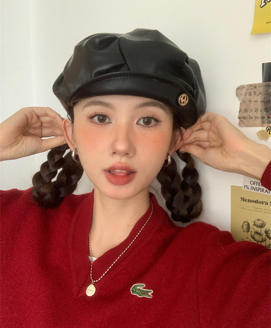 褶皱皮质贝雷帽搞怪可爱画家帽潮