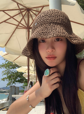 【夏日海边】慵懒度假风咖色草编渔夫帽可卷边百搭显脸小镂空草帽