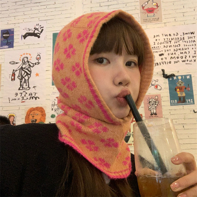 博主bi入粉橘色提花巴拉克拉法帽