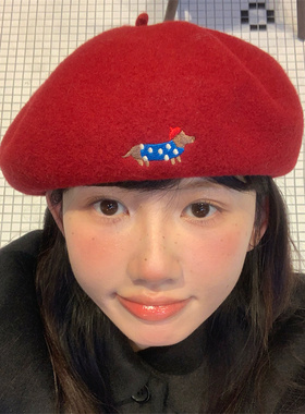 圣诞新年氛围感红色画家帽显脸小