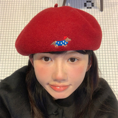 圣诞新年氛围感红色画家帽显脸小