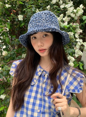 手工编织深蓝色混色镂空夏季草帽