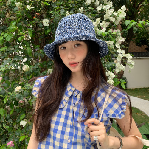 手工编织深蓝色混色镂空夏季草帽
