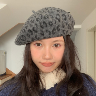 【野】复古时髦豹纹贝雷帽子含羊毛气质画家帽千禧辣妹时髦博主入