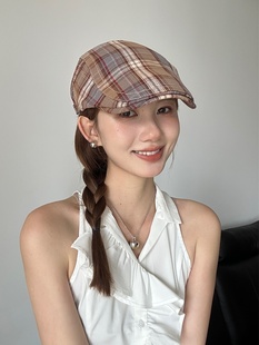 日系復古百搭卡其格子前進帽大頭圍可調節薄款 鴨舌帽 鄰家女孩