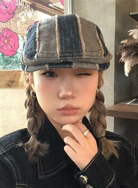 韩国小众怀旧毛边拼色条纹前进帽