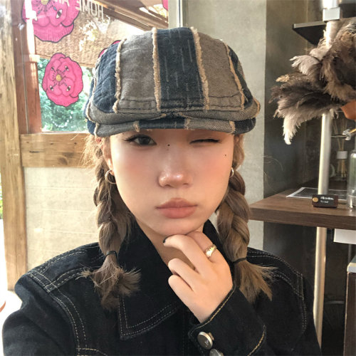 韩国小众怀旧毛边拼色条纹前进帽