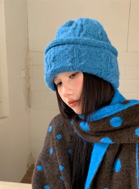 显白海蓝色卷边绞花针织毛线帽女