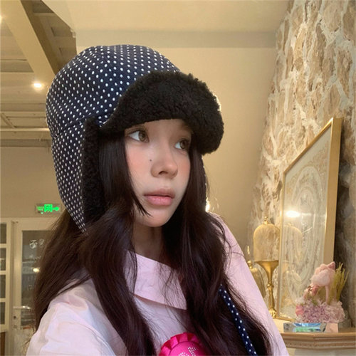 可爱波点护耳帽双面戴羊羔绒帽子