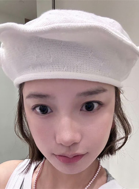 宅女同款白色贝雷帽百搭显脸小夏季卷檐透气棉线针织画家帽2025新