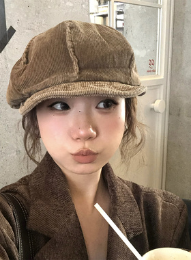 复古感满满灯芯绒软顶八角帽百搭