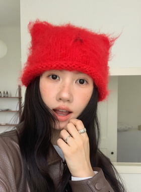 拉毛感可爱红色猫耳帽保暖显脸小