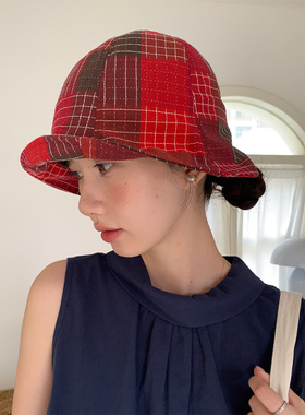 【红色热恋】日系复古撞色格纹红色渔夫帽春夏百搭显脸小圆顶盆帽
