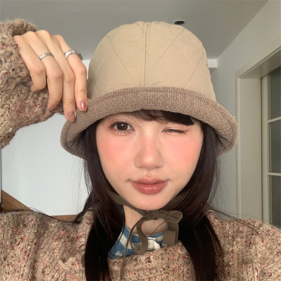 日系车夫帽菱格纹夹棉系带水桶帽