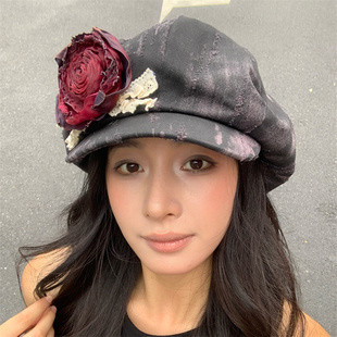 【枯萎的玫瑰】古着艺术感做旧磨破扎染八角帽大版型显脸小画家帽