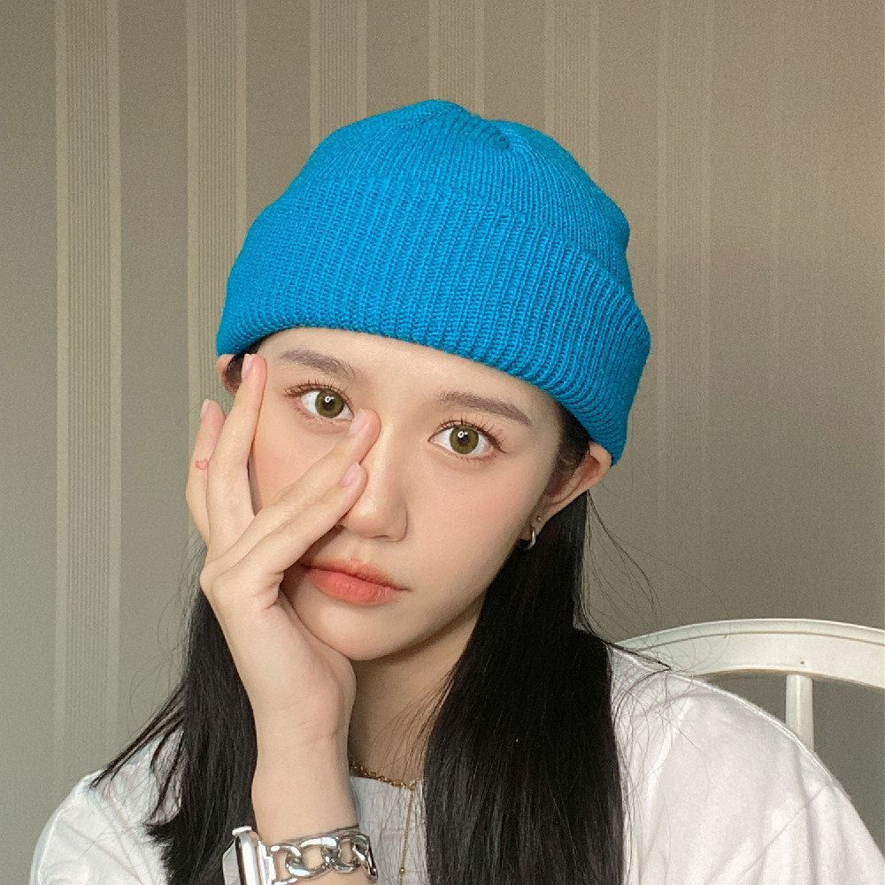 【告别单调】秋冬亮色保暖针织毛线帽靓女潮男bi入款卷边瓜皮冷帽