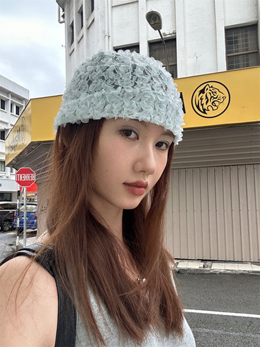 浅蓝色蕾丝花瓣设计包头帽薄款女