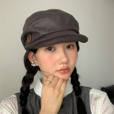 手工缝制纽扣磨砂皮质软顶八角帽