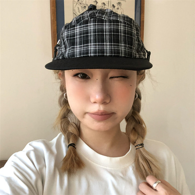 小众日系格纹平檐帽软顶薄款遮阳