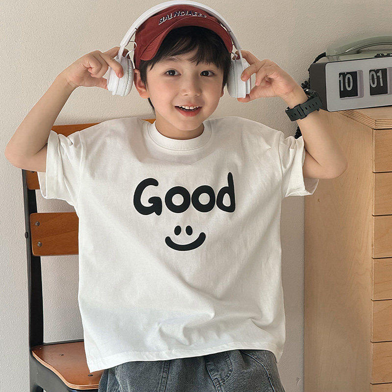 2026夏装男童儿童装潮字母笑脸印花短袖宽松上衣白色Tt恤韩版潮牌
