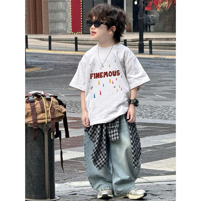 夏季潮流童装纯棉t恤2026新款男童白色百搭印花短袖帅气半袖上衣
