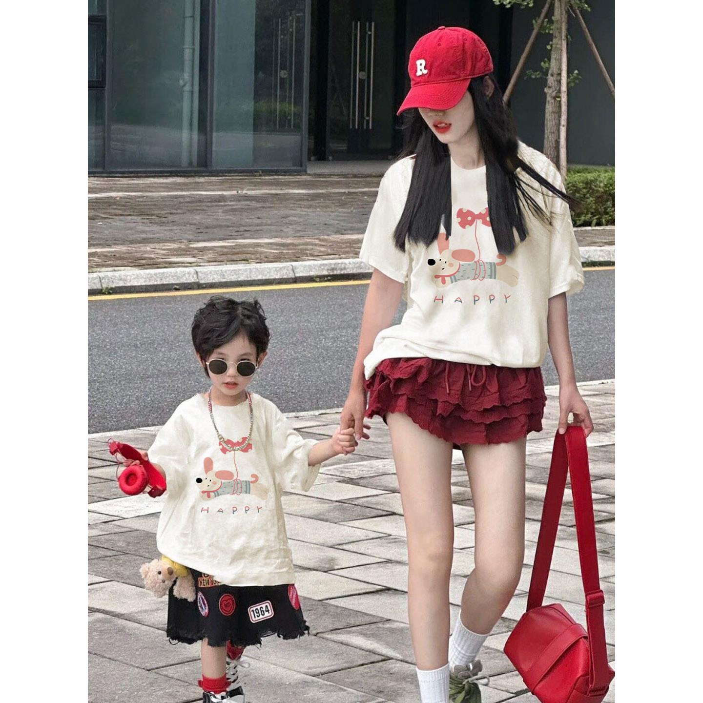 夏季可爱小狗纯棉亲子短袖T恤