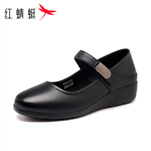 红蜻蜓2026春季真皮坡跟妈妈鞋
