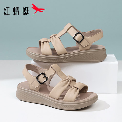 红蜻蜓纯羊皮罗马妈妈凉鞋厚底