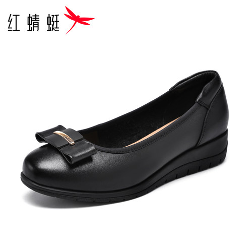 红蜻蜓坡跟一脚蹬妈妈小皮鞋真皮