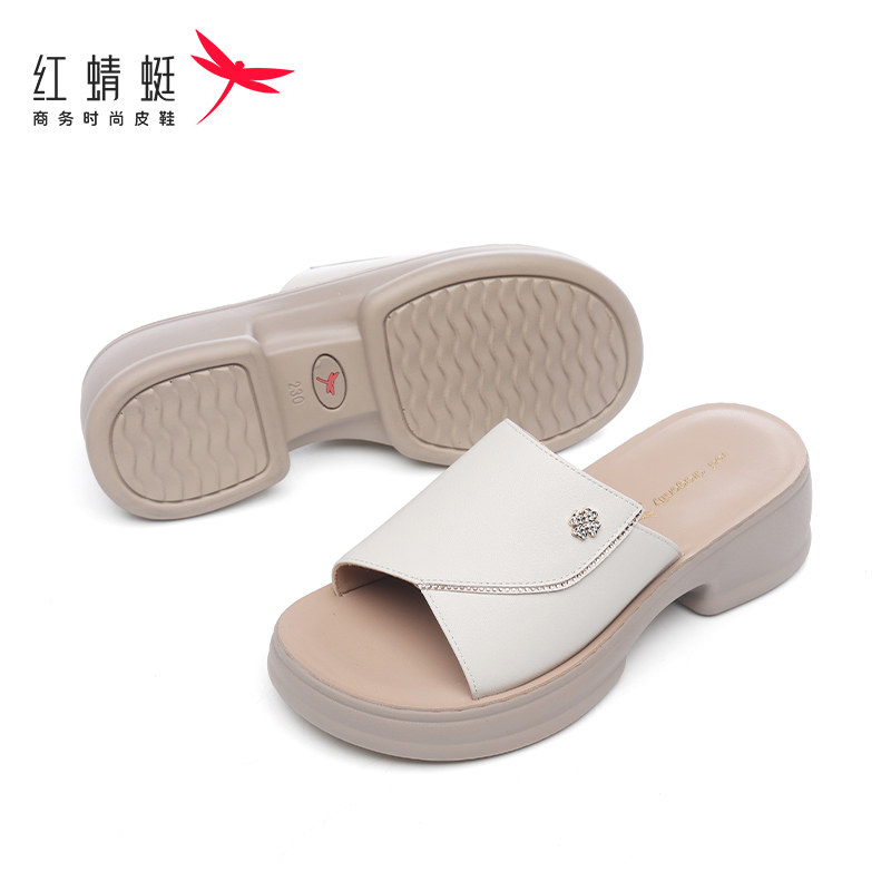 红蜻蜓拖鞋女鞋子百搭时尚2024年厚底坡跟真皮凉拖鞋外穿凉鞋轻便