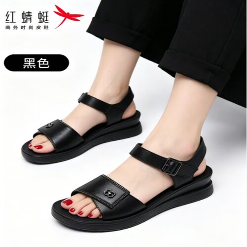 红蜻蜓头层牛皮沙滩鞋子女坡跟