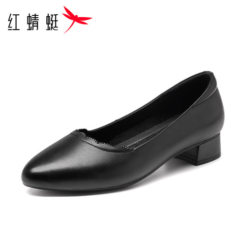 红蜻蜓头层牛皮真皮粗跟尖头女鞋