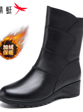 红蜻蜓头层牛皮真皮加绒软底女靴