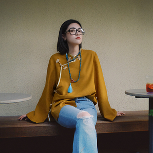 橙黄色藏风藏族衬衣 新中式国风盘扣衬衫女长袖别致