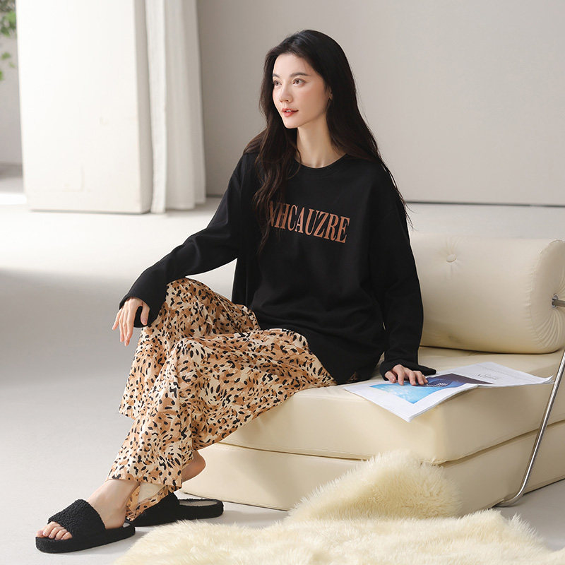 睡衣女秋纯棉长袖长裤时尚套头宽松少女学生可外穿家居服春秋套装