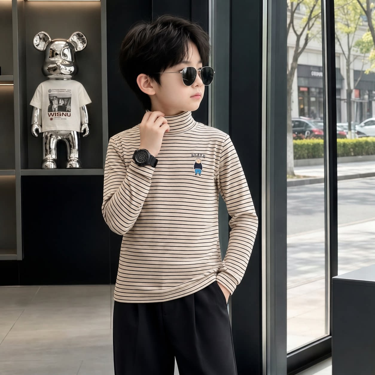 2026秋冬季男童中高领打底衫潮牌德绒条纹长保暖休闲内衣秋衣服