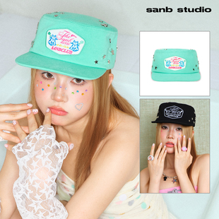 SANB2026夏情侣撞色平檐帽亮色韩系千禧薄荷绿帽药盒帽少女街头