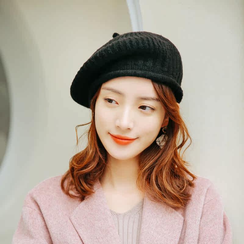 韩国进口羊毛罗纹针织画家帽子女秋冬天优雅洋气休闲毛线贝雷帽