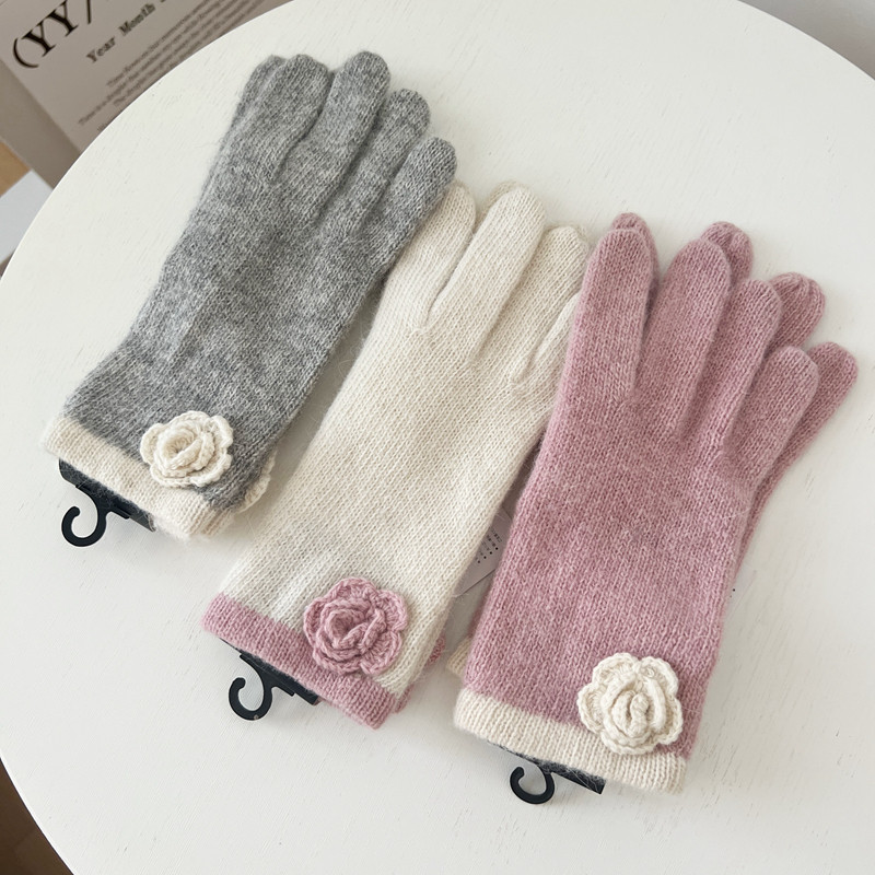 韩系甜美可爱针织钩花朵羊毛五指分指冬天薄款开车保暖毛线手套女