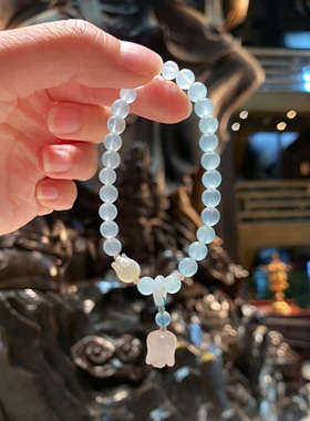 代杭州香积流通处手串海蓝宝水晶平安玛瑙天然佛珠福慧铃兰手链