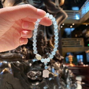 代杭州香积流通处手串海蓝宝水晶平安玛瑙天然佛珠福慧铃兰手链