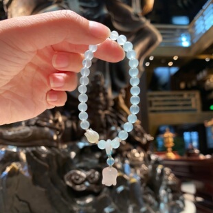 代杭州香积流通处手串海蓝宝水晶平安玛瑙天然佛珠福慧铃兰手链
