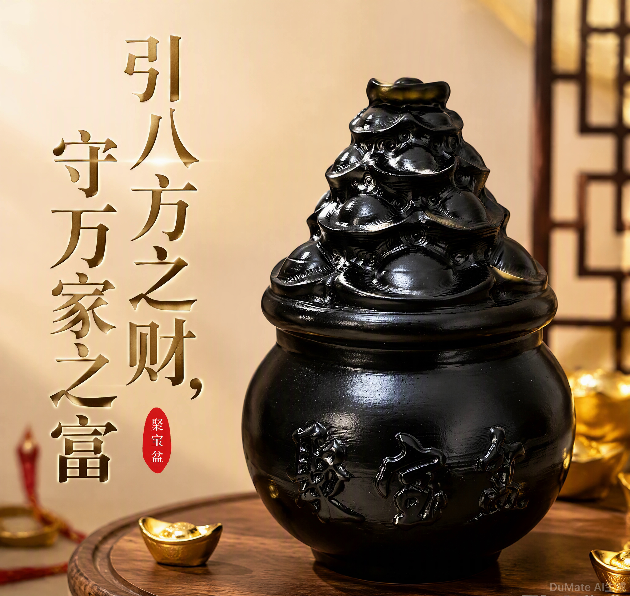 天然黑墨玉元宝聚宝盆一体雕刻招财聚财家居玄关收银开业风水摆件