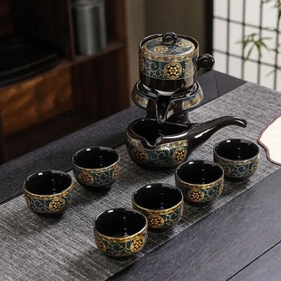 旋转出水家用客厅办公室功夫泡茶器 复古陶瓷懒人石磨自动茶具套装