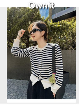 【Own it】山羊绒+美丽奴羊毛条纹纽扣开衫25159#