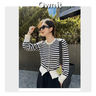 美丽奴羊毛条纹纽扣开衫 山羊绒 25159 Own