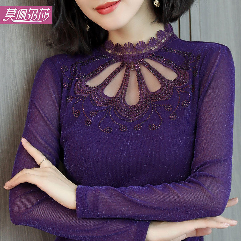 秋冬高领蕾丝打底衫女长袖2018新款秋装韩版洋气百塔修身网纱上衣